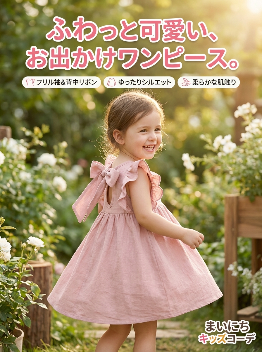 キッズファッション ワンピース　フリル袖リボン付き背中開きワンピース - 商品イメージ