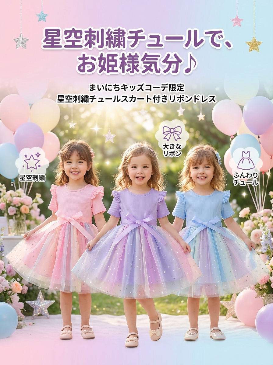 キッズファッション ドレス　星空刺繍チュールスカート付きリボンドレス - デザインの特徴