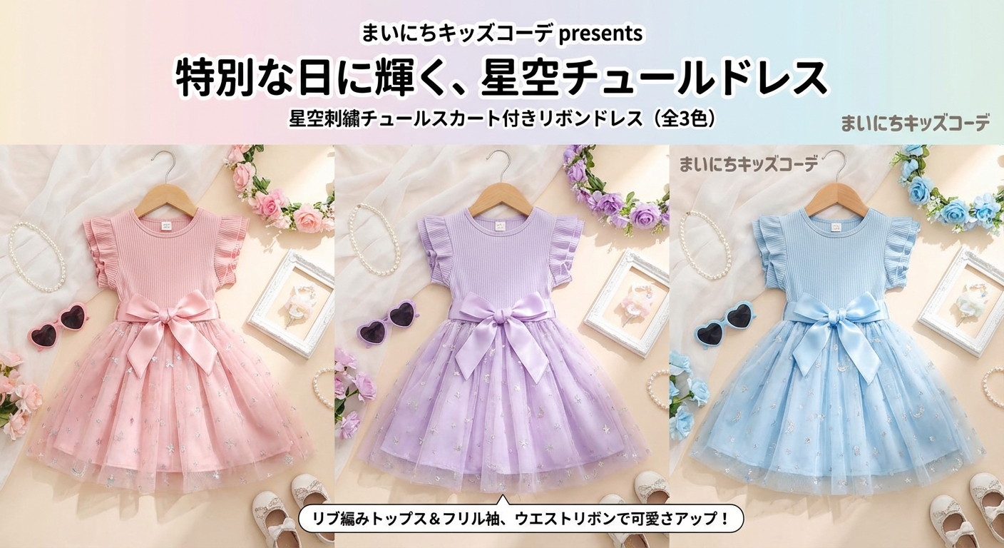 キッズファッション ドレス　星空刺繍チュールスカート付きリボンドレス - カラー展開と雰囲気