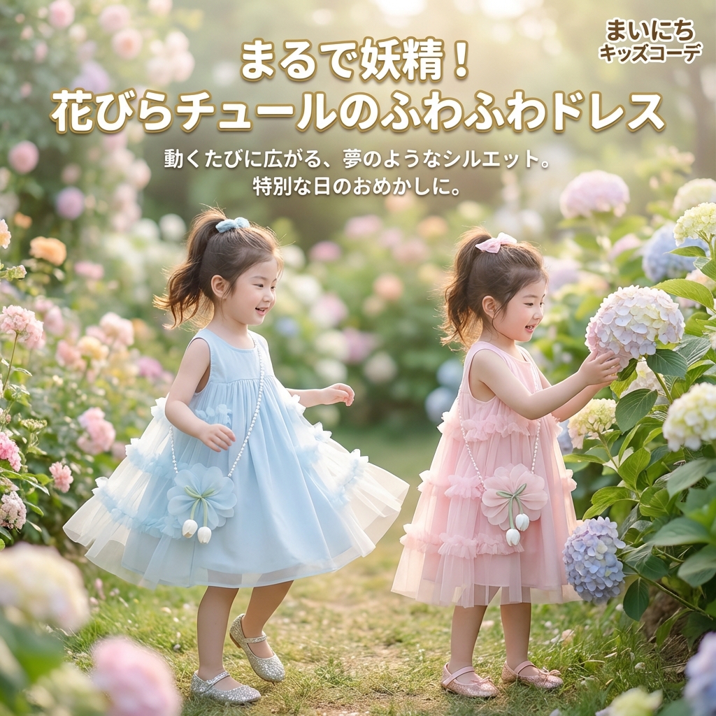 キッズファッション ドレス　花びらチュールの妖精ワンピースドレス - 商品イメージ