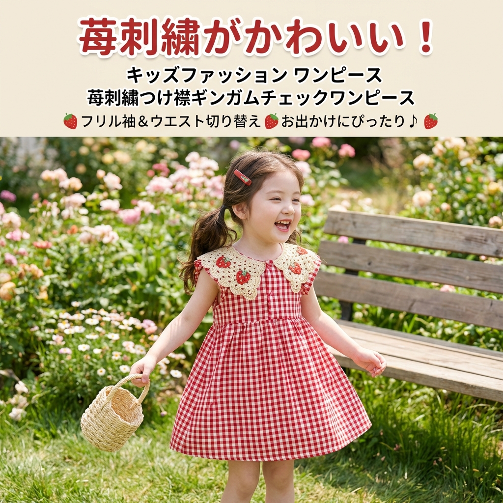 キッズファッション ワンピース　苺刺繍つけ襟ギンガムチェックワンピース - 商品イメージ