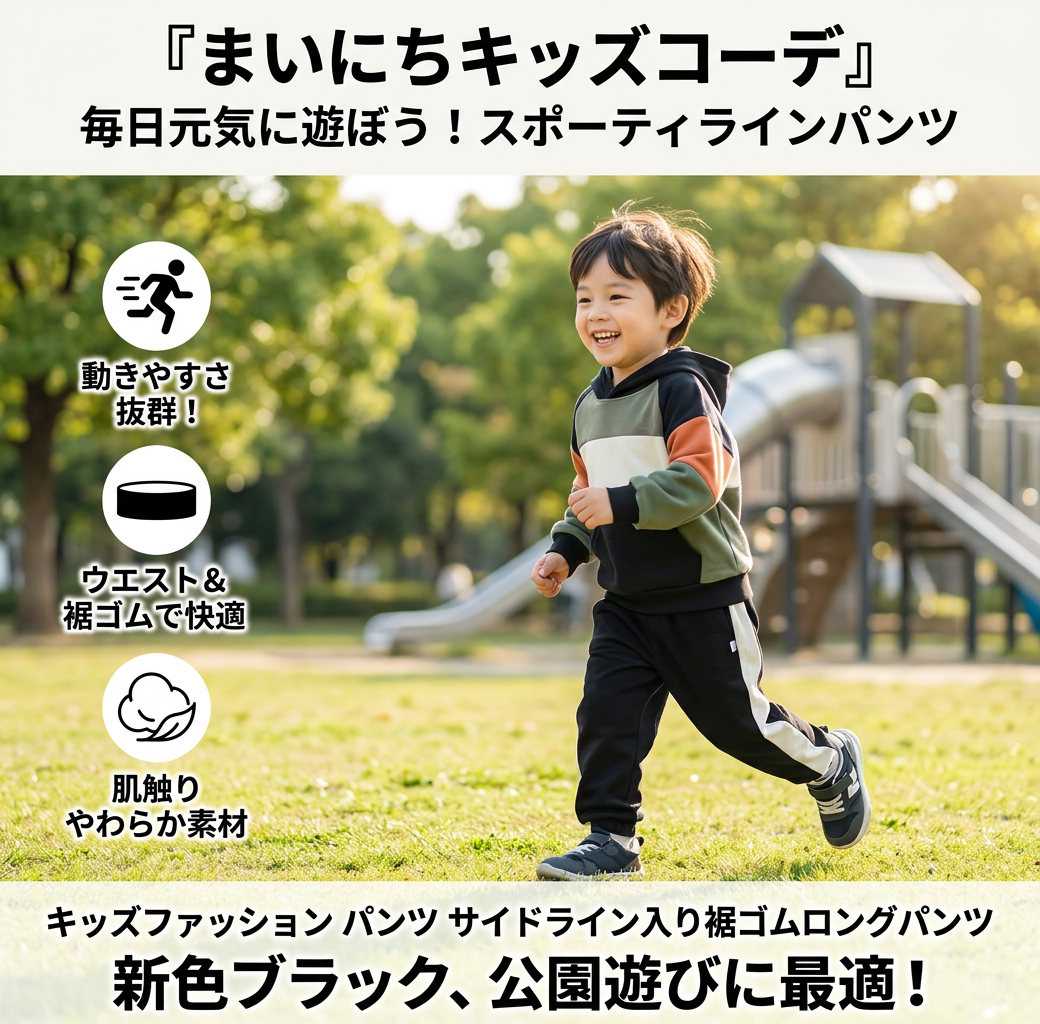 キッズファッション パンツ　サイドライン入り裾ゴムロングパンツ - デザインのこだわり：スポーティ×キュートな絶妙バランス