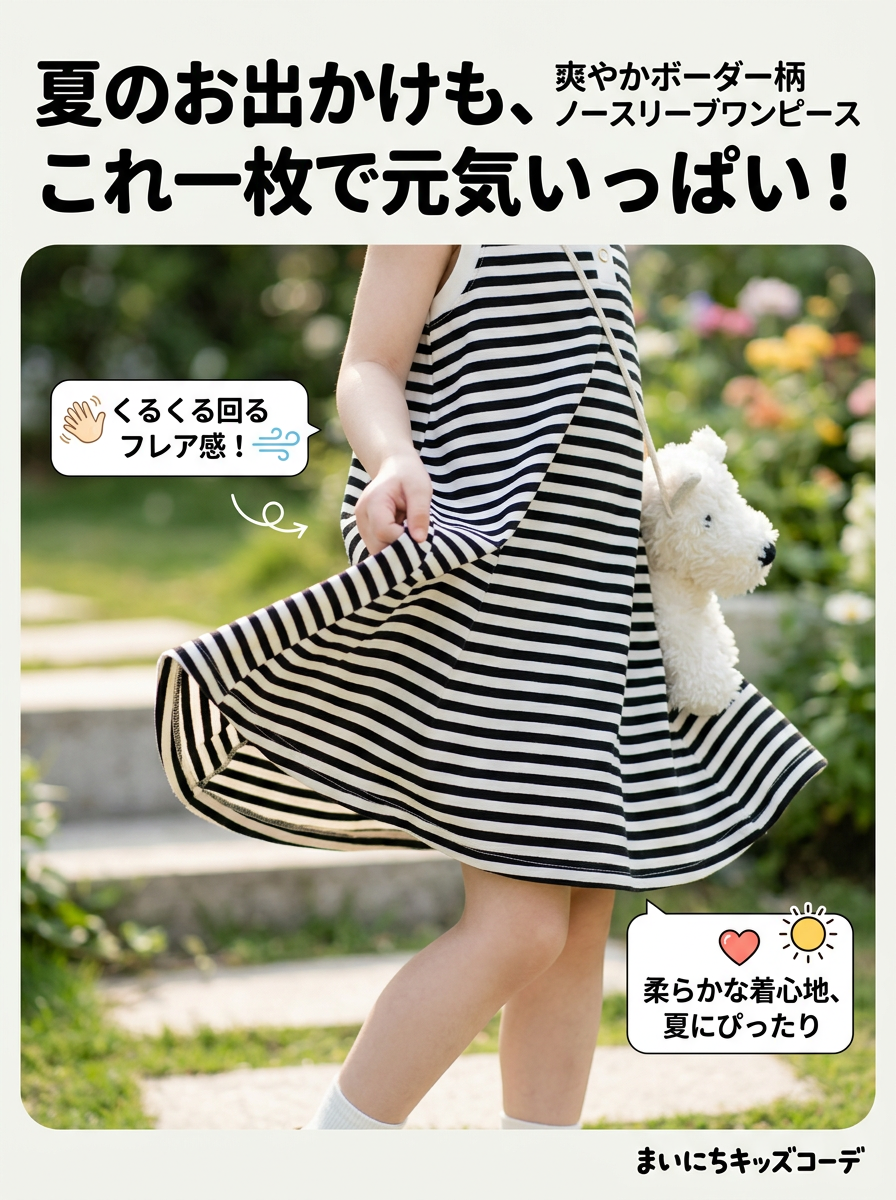 キッズファッション ワンピース　爽やかボーダー柄ノースリーブワンピース - ① 動きやすさと可愛さを両立した「フレアシルエット」