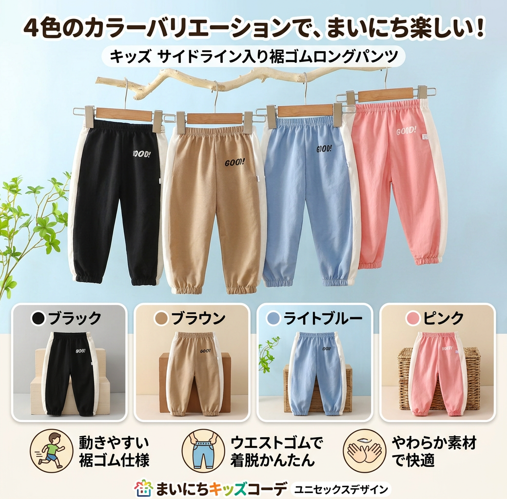 キッズファッション パンツ　サイドライン入り裾ゴムロングパンツ - シーンに合わせて選べる！4つのカラーバリエーション