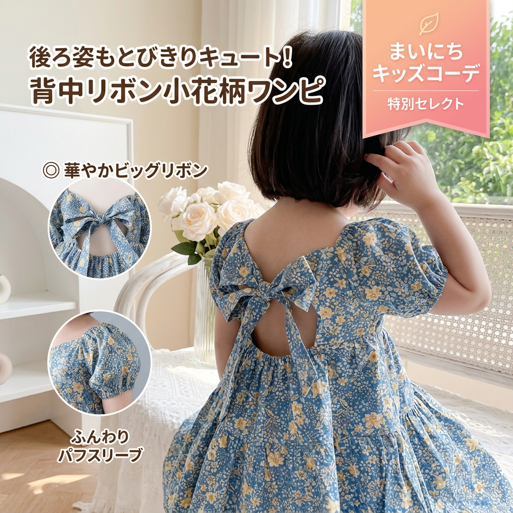 キッズファッション 背中リボン付き小花柄パフスリーブワンピース - 1. ひと目惚れを約束する、こだわりのデザイン