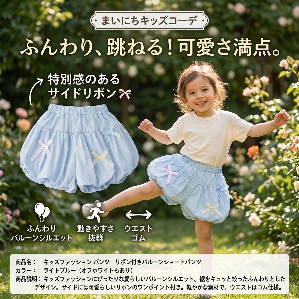 キッズファッション パンツ　リボン付きバルーンショートパンツ - 1. ひと目惚れ間違いなし！こだわりの「ふんわり」シルエット