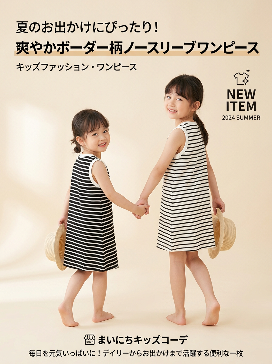 キッズファッション ワンピース　爽やかボーダー柄ノースリーブワンピース - 3. カラーバリエーション：選べる2つの定番色
