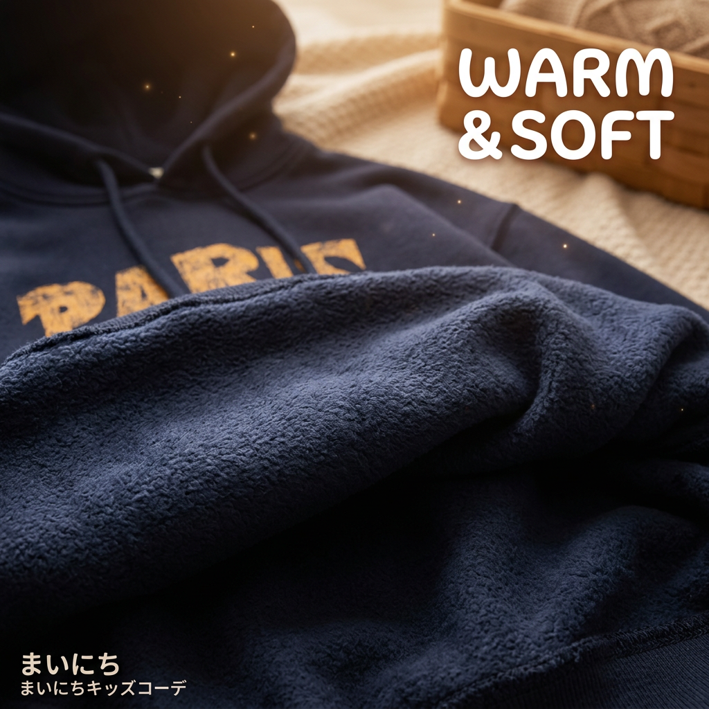 キッズファッション バックロゴ刺繍が印象的なゆったりフード付きトレーナー - 2. 「ふわもこ」裏起毛で、寒い朝も笑顔に