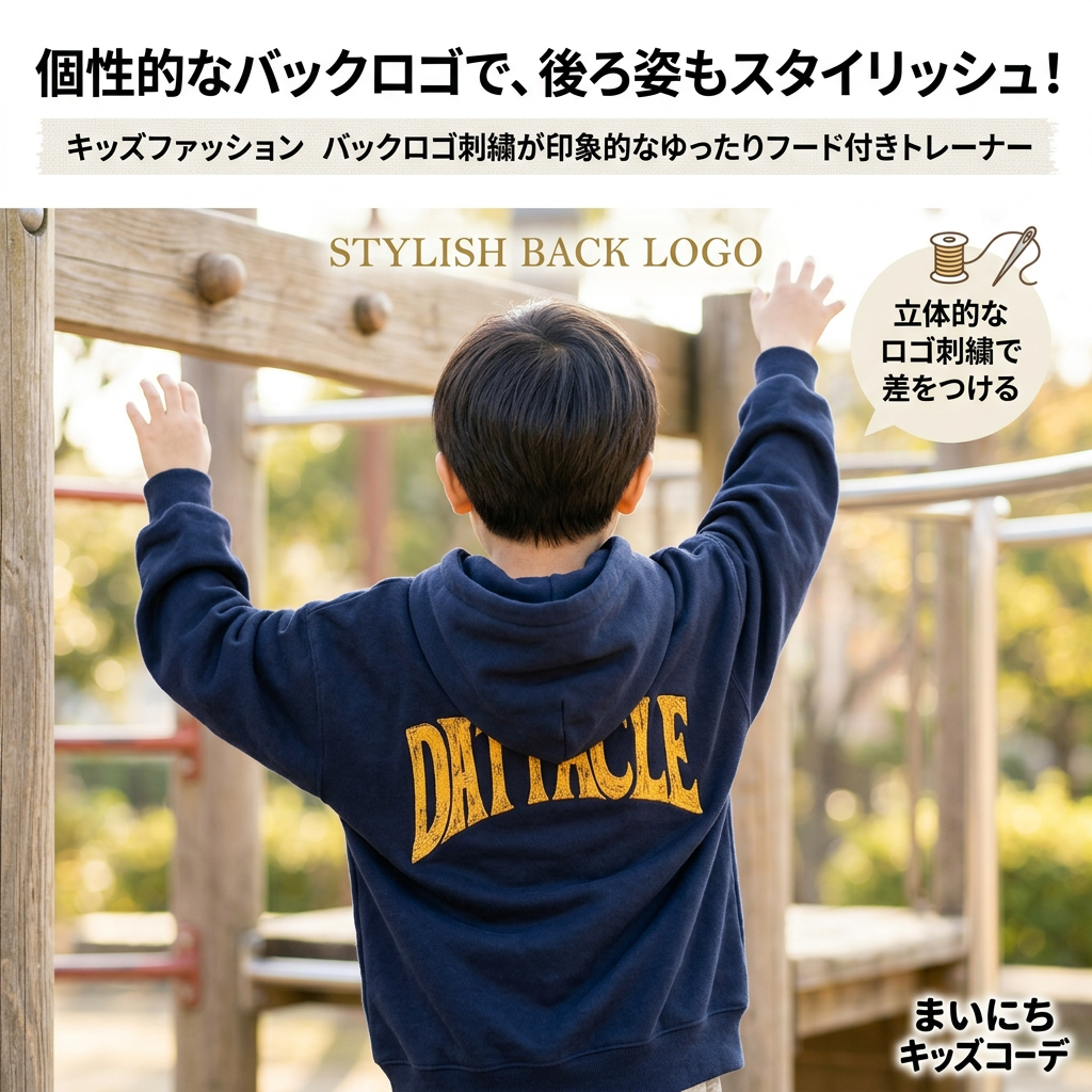 キッズファッション バックロゴ刺繍が印象的なゆったりフード付きトレーナー - 1. 視線を釘付けにする「バックロゴ刺繍」